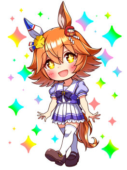 +_+ 1girl animal_ears blush bow bowtie breasts chibi chibi_only clover_hair_ornament collarbone commentary_request daruma_doll daruma_doll_hair_ornament ear_covers flipped_hair four-leaf_clover_hair_ornament full_body hair_between_eyes hair_ornament highres horse_ears horse_girl horse_tail looking_at_viewer matikanefukukitaru_(umamusume) open_mouth orange_hair pleated_skirt puffy_short_sleeves puffy_sleeves purple_bow purple_bowtie purple_shirt sailor_collar sailor_shirt school_uniform shirt shoes short_hair short_sleeves single_ear_cover skirt smile solo sugimotty_nova tail thighhighs tracen_school_uniform umamusume white_sailor_collar white_skirt white_thighhighs zettai_ryouiki