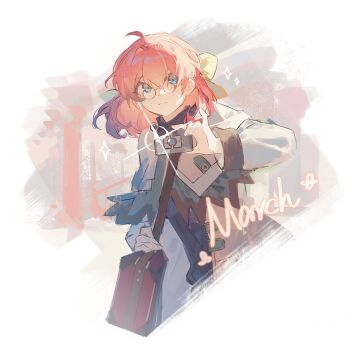 1girl ahoge bag blue_eyes camera camera_flash closed_mouth dorothy_hyatt double-parted_bangs eiyuu_densetsu english_text floating_hair glasses hair_between_eyes highres holding holding_camera morino_kaoru pink_hair short_hair shoulder_bag solo sora_no_kiseki upper_body