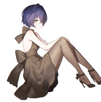 Rule 34 | 1girl, adelie cat, alternate costume, bare shoulders, belle (zenless zone zero), black shoes, blue hair, breasts, brown dress, brown pantyhose, closed mouth, crossed bangs, dress, full body, green eyes, high heels, highres, invisible chair, knees up, looking at viewer, pantyhose, shoes, short hair, sideboob, simple background, sitting, sleeveless, sleeveless dress, solo, white background, zenless zone zero