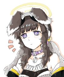 Rule 34 | 1girl, animal ears, bare shoulders, black hair, blue archive, blush, closed mouth, collar, collarbone, dog ears, dog tags, goggles, goggles on head, hair bobbles, hair ornament, halo, hariyaa, hibiki (blue archive), light smile, long hair, off shoulder, purple collar, purple eyes, solo, twintails, yellow halo