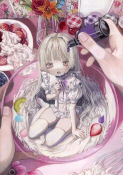 1girl 1other blueberry bowl commentary_request food fruit grey_eyes highres long_hair midriff mini_person minigirl monou_pico navel original plant plate potted_plant skindentation strawberry thighhighs very_long_hair whipped_cream white_hair white_thighhighs zettai_ryouiki