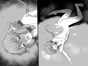 1girl after_rape ass bad_end barefoot blush crying cum cum_in_mouth cum_in_pussy cum_on_floor defeat elf feet goblin_slayer! high_elf_archer_(goblin_slayer!) lying monochrome nude on_side pointy_ears rape sad solo sweat tears toes tongue tongue_out traumatized ygdm