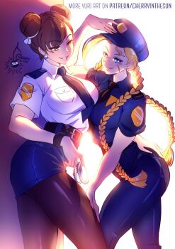 2girls artist_name ass black_necktie blonde_hair blue_eyes blue_hat blue_pants blue_shirt blue_skirt braid breast_press breasts brown_eyes brown_hair cammy_white capcom cherry_in_the_sun chun-li commentary double_bun earrings english_commentary facial_scar grin hair_bun hand_on_another's_ass hand_on_another's_leg hat jewelry long_hair looking_at_another medium_breasts multiple_girls necktie pants pantyhose police police_hat police_uniform policewoman scar scar_on_cheek scar_on_face shirt short_sleeves signature skirt smile street_fighter twin_braids watermark web_address yuri