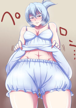 1girl :&lt; aq_interactive arcana_heart arcana_heart_2 bifidus bloomers blush breasts clothes_lift embarrassed examu folded_ponytail from_below frown gradient_background looking_at_viewer medium_breasts navel nightgown short_hair silver_hair skirt skirt_lift stomach sweat thick_thighs thighs underwear yellow_eyes zenia_valov