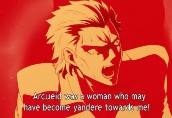 1boy artist_request char's_counterattack char_aznable collared_shirt english_text fangs gundam hair_slicked_back looking_at_another male_focus meme michael_roa_valdamjong open_clothes open_shirt parody red_eyes scene_reference shirt source_request sweat tsukihime tsukihime_(remake) vampire