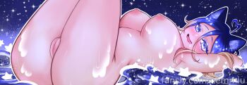 1girl 2025 ahoge artist_name blush breasts cat_girl character_name heart heart_ahoge hemmi_hanami hemmiu indie_virtual_youtuber large_breasts looking_at_viewer lying nude on_back pussy sweat watermark web_address