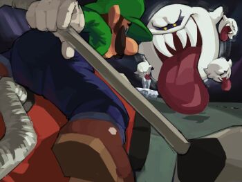 1boy blue_eyes boo_(mario) boolossus facial_hair fangs ghost gloves kaf_(kafuccino_art) looking_back luigi luigi&#039;s_mansion mario_(series) mustache nintendo open_mouth outdoors overalls poltergust_3000 smile tongue tongue_out yellow_eyes