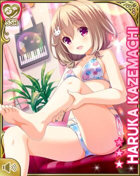 Rule 34 | 1girl, :d, bare arms, bare legs, bare shoulders, barefoot, bed, bedroom, blue bra, blue panties, bra, brown hair, card (medium), character name, day, girlfriend (kari), hair ornament, indoors, kazemachi haruka, midriff, musical note, navel, official art, open mouth, panties, purple eyes, qp:flapper, rabbit hair ornament, sitting, smile, solo, treble clef, underwear