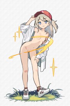 +_+ 1girl arm_up armpits bent_over blonde_hair blue_eyes closed_mouth commentary_request convenient_censoring full_body grey_hair hand_on_own_thigh hat highres jacket leaf leaf_censor leaning_forward loli looking_at_viewer mwm5 navel nipple_slip nipples nude off_shoulder open_clothes open_jacket platform_sneakers pussy pussy_peek red_hat second-party_source shoes sleeve_cuffs solo sparkle standing stella_(world_flipper) white_shoes world_flipper