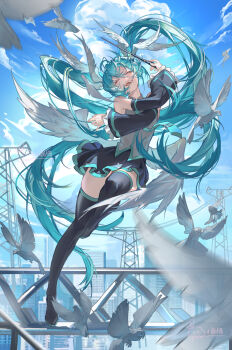 1girl absurdres aqua_hair aqua_necktie aqua_trim bare_shoulders bird black_skirt black_sleeves blue_sky breasts building chinese_commentary city cloud cloudy_sky commentary_request day detached_sleeves floating_hair full_body grey_shirt hair_between_eyes hair_ornament hatsune_miku highres holding long_hair low_wings necktie open_mouth outdoors pigeon shirt skirt sky sleeveless sleeveless_shirt solo thighhighs twintails very_long_hair vocaloid white_wings wings xiaoyangmei