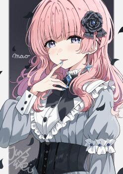 1girl absurdres arimura_mao black_corset black_flower blue_nails commentary_request corset flower frilled_shirt frills gakuen_idolmaster grey_eyes grey_shirt hair_flower hair_ornament highres idolmaster junshiki long_hair long_sleeves looking_at_viewer nail_polish pink_hair shirt solo upper_body