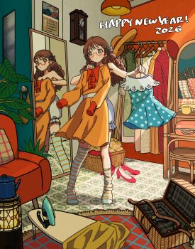 1girl 2026 absurdly_detailed_composition absurdres analog_clock aqua_dress armchair basket belt bloomers blush bow brown_belt brown_hair calendar_(object) chair choppy_bangs clock closed_mouth clothes_hanger clothes_iron commentary_request cuckoo_clock curly_hair dot_nose dress earrings full-length_mirror green_eyes hair_bow happy_new_year hat high_heels highres holding holding_unworn_clothes indoors ironing_board jewelry loaded_interior long_hair mirror new_year open_suitcase orange_dress original plant polka_dot polka_dot_bow polka_dot_dress potted_plant pumps red-framed_eyewear red_shoes rug semi-rimless_eyewear shoes slice_of_life socks solo standing stool stove striped_clothes striped_socks suitcase sun_hat teapot topless_female trying_on_clothes umika_(umika0x0) under-rim_eyewear underwear unworn_belt unworn_dress unworn_hat unworn_headwear unworn_shoes white_bloomers