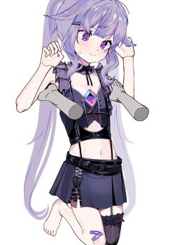 1girl @_@ bandaid barefoot ffi1ffi1 flat_chest gem hair_ornament hairclip highres hololive hololive_english koseki_bijou koseki_bijou_(casual) lifting_person long_hair midriff navel official_alternate_costume purple_eyes purple_hair simple_background single_thighhigh skirt solo_focus sweat thighhighs twintails very_long_hair virtual_youtuber white_background