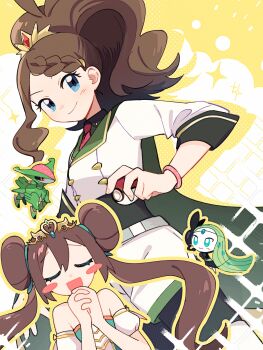 2girls :d belt blue_eyes blush_stickers bracelet braid brown_hair closed_eyes closed_mouth collared_shirt commentary double_bun eyelashes gen_5_pokemon hair_bun highres hilda_(champion)_(pokemon) hilda_(pokemon) holding holding_poke_ball interlocked_fingers iron_leaves jacket jewelry kyuu999_bot legendary_pokemon meloetta multiple_girls mythical_pokemon necktie nintendo official_alternate_costume open_mouth poke_ball poke_ball_(basic) pokemon pokemon_masters_ex rosa_(champion)_(pokemon) rosa_(pokemon) shirt shorts single_sidelock smile symbol-only_commentary tiara twintails white_jacket white_shorts