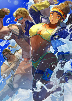 1girl 2boys absurdres bandaid bikini blue_jacket breasts collarbone commentary cropped_jacket dark-skinned_female dark_skin dreadlocks headband highres jacket jamie_siu kimberly_jackson long_hair looking_at_viewer luke_sullivan makeup multicolored_headband multiple_boys navel official_alternate_costume parted_lips signature street_fighter street_fighter_6 swimsuit takai_misa yellow_bikini