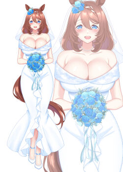 1girl absurdres amadeus_(amadeus08462844) animal_ears blue_eyes blush bouquet braid braided_bangs breasts bridal_veil bride brown_hair cleavage commentary_request double-parted_bangs dress ear_flower flower full_body hair_flower hair_ornament high_heels highres holding holding_bouquet horse_ears horse_girl horse_tail jewelry large_breasts long_dress long_hair low-tied_long_hair necklace off-shoulder_dress off_shoulder open_mouth pearl_necklace pumps see-through_clothes see-through_veil shoes simple_background smile solo super_creek_(umamusume) tail teeth umamusume upper_teeth_only veil very_long_hair wedding_dress white_background white_dress white_shoes white_streaks zoom_layer