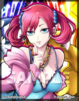 Rule 34 | 1girl, agumon, bare shoulders, blue camisole, blue eyes, breasts, camisole, cleavage, digimon, digimon card game, digimon story: cyber sleuth, finger to face, gabumon, highres, jacket, long hair, medium breasts, open clothes, open jacket, pink jacket, pink lips, red hair, setsu blue, shiramine nokia, solo focus, twintails, upper body
