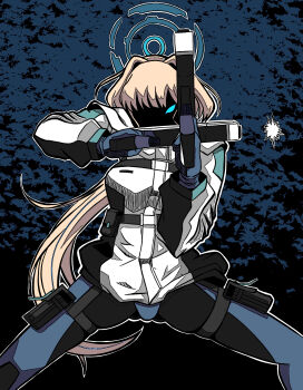 1girl absurdres alexander_anderson's_pose blonde_hair blue_archive blue_bodysuit blue_halo bodysuit commentary_request dual_wielding face_in_shadow gun halo hellsing highres holding jacket long_hair long_sleeves official_alternate_costume official_alternate_hairstyle parody ponytail pose_imitation rakku_(10219563) solo toki_(armed)_(blue_archive) toki_(blue_archive) very_long_hair weapon white_jacket