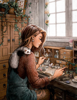 1girl absurdly_detailed_composition arm_tattoo artist_name basket book bracelet brown_hair brown_sweater bug butterfly candle chest_of_drawers chinese_medicine_cabinet closed_mouth commentary cowboy_shot crystal day denim_overalls drawer earrings facing_to_the_side ferret flower hat herb_bundle highres insect ivy ivyalive jewelry leg_tattoo loaded_interior medium_hair mortarboard open_book open_drawer orange_flower original overall_shorts overalls pestle picture_frame pink_flower pointing potion procreate_(medium) profile reading scissors sitting solo stick string sunlight sweater symbol-only_commentary tattoo vial watermark web_address weighing_scale window
