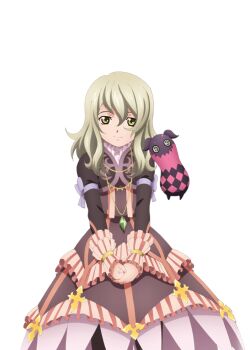 Rule 34 | 1girl, artist request, black boots, blonde hair, boots, bow, closed mouth, commentary, cowboy shot, creature, cropped jacket, doll, dress, elize lutus, frills, game cg, green eyes, jewelry, looking at viewer, medium hair, official art, own hands together, pendant, purple bow, purple dress, purple ribbon, ribbon, smile, solo, standing, tales of (series), tales of asteria, tales of xillia, teepo (tales), third-party source, transparent background