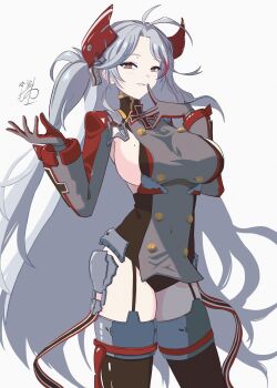 1girl absurdres antenna_hair azur_lane black_leotard black_thighhighs breasts cowboy_shot cropped_jacket cross dress grey_dress grey_hair hair_between_eyes headgear highres iron_cross large_breasts leotard leotard_under_clothes long_hair looking_at_viewer mole mole_on_breast mononokeotoko01 multicolored_hair prinz_eugen_(azur_lane) sideboob signature smile solo streaked_hair thighhighs two_side_up white_background