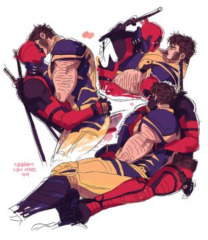 2boys bara beard blush bodysuit boots brown_hair couple deadpool deadpool_&amp;_wolverine deadpool_(series) facial_hair gloves hand_on_another&#039;s_face heart katana kiss large_pectorals looking_at_another male_focus marvel mask multicolored_bodysuit multiple_boys muscular muscular_male pectorals ppoooooolvrmm red_bodysuit red_mask short_hair sitting sitting_on_lap sitting_on_person superhero_costume sword sword_on_back two-tone_bodysuit weapon weapon_on_back wolverine_(x-men) x-men yaoi yellow_bodysuit