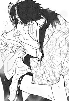 1boy 1girl animal_print arm_around_shoulder black_hair black_jacket breasts butterfly_hair_ornament butterfly_print butterfly_print_haori cleavage couple demon_slayer_uniform hair_ornament hand_blush haori heavy_breathing hetero highres holding_hands jacket japanese_clothes kimetsu_no_yaiba kochou_shinobu long_hair low_ponytail medium_breasts open_clothes open_jacket ponytail print_haori tomioka_giyuu waanquv white_background