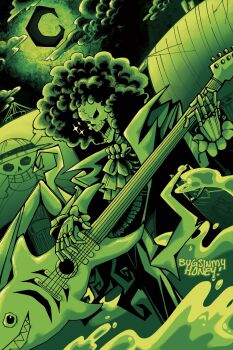 Rule 34 | 1boy, absurdres, afro, artist name, ascot, brook (one piece), bugsinmyhoney, cloud, commentary, english commentary, green theme, guitar, highres, holding, holding guitar, holding instrument, instrument, jolly roger, male focus, moon, one piece, outdoors, skeleton, solo, sparkle, straw hats jolly roger