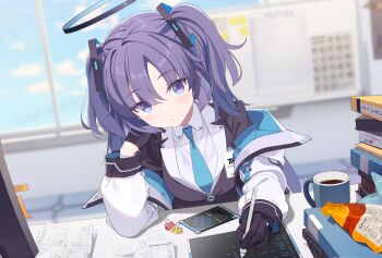 1girl black_gloves black_halo black_jacket blue_archive blue_necktie blurry blurry_background blush book book_stack cellphone cloud coffee cup desk from_above game_asset gloves hair_ornament half_gloves halo hand_on_own_cheek hand_on_own_face highres id_card indoors jacket lanyard long_hair long_sleeves looking_at_viewer mechanical_halo necktie non-web_source off_shoulder office official_art open_clothes open_jacket paper phone purple_eyes purple_hair red_pupils self-datamine shirt sitting sky smartphone stylus two-sided_fabric two-sided_jacket two_side_up white_jacket white_shirt whiteboard window yutokamizu yuuka_(blue_archive)
