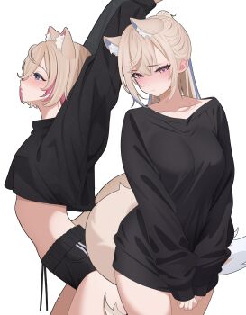 2girls alternate_costume animal_ear_fluff animal_ears arched_back arms_up black_shirt black_shorts black_sweater blonde_hair blue_eyes blue_hair blush breasts collarbone commentary cowboy_shot crossed_bangs dog_ears dog_girl dog_tail dolphin_shorts double-parted_bangs english_commentary extra_ears from_side fuwawa_abyssgard hair_between_eyes hair_intakes high_ponytail highres hololive hololive_english large_breasts layunaart long_hair long_sleeves looking_at_viewer midriff mococo_abyssgard multicolored_hair multiple_girls no_pants outstretched_arms pink_eyes pink_hair ponytail puffy_long_sleeves puffy_sleeves shirt short_hair shorts siblings simple_background sisters sleeves_past_wrists standing streaked_hair stretching sweater tail twins virtual_youtuber white_background wide_ponytail