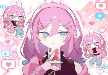 1girl :< :o absurdres aegyo_sal animal_charm animal_ear_headphones animal_ears aqua_ribbon aqua_shoes arrow_(symbol) aubrey_(birthday)_(omori) aubrey_(faraway)_(omori) aubrey_(omori) bandaid belt black_belt black_shirt blue_bow blue_eyes blue_nails blue_pants bow braid cardigan cardigan_partially_removed charm_(object) chibi chibi_inset closed_mouth clothing_cutout commentary cup denim disposable_cup double-parted_bangs drinking_straw fake_animal_ears forest_bunny?_(omori) grey_nails hair_between_eyes hair_bow hair_ornament hairclip hand_up hands_on_own_cheeks hands_on_own_face headphones heart highres holding holding_cup holding_phone hood hood_down hooded_cardigan index_finger_raised jeans jewelry letterboxed long_sleeves looking_at_viewer low_twin_braids midriff mqd0rl multicolored_nails nail_polish official_alternate_costume official_alternate_hairstyle omori open_cardigan open_clothes open_mouth outline outside_border pale_skin pants parallel_hairclips phone pink_background pink_cardigan pink_hair portrait puffy_long_sleeves puffy_sleeves purple_nails rabbit_ear_headphones rabbit_ears ribbon ribbon-trimmed_pants ring shirt shoelaces shoes sidelocks simple_background single_bare_shoulder sitting sleeveless sleeveless_shirt sleeveless_turtleneck sleeves_past_wrists solo sparkle spoken_heart standing straight-on symbol-only_commentary torn_clothes torn_jeans torn_pants tsurime turtleneck turtleneck_shirt twin_braids white_outline