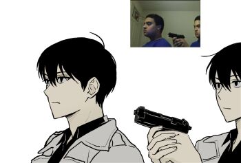 Rule 34 | 2boys, aiming, black eyes, black hair, black shirt, clone, coat, collared shirt, expressionless, gun, highres, holding, holding gun, holding weapon, implied suicide, keomikan, kim dokja, male focus, meme, multiple boys, omniscient reader's viewpoint, open clothes, open coat, parody, photo-referenced, reference inset, shirt, short hair, upper body, weapon, white coat