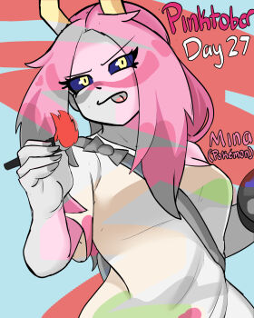 1girl absurdres acidart artist_name ashido_mina black_sclera boku_no_hero_academia colored_sclera colored_skin cosplay facepaint female_focus highres horns mina_(pokemon) mina_(pokemon)_(cosplay) multicolored_hair name_connection nintendo paint paintbrush pink_hair pink_skin pokemon pokemon_sm shirt short_sleeves solo tongue tongue_out white_shirt yellow_eyes yellow_horns