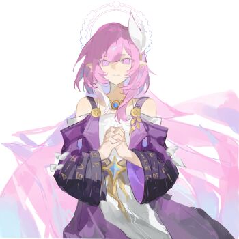 1girl bare_shoulders breasts chinese_commentary coat commentary_request cyrene_(aedes_elysiae)_(honkai:_star_rail) cyrene_(honkai:_star_rail) diamond-shaped_pupils diamond_(shape) dress hair_ornament halo highres honkai:_star_rail honkai_(series) jewelry long_hair looking_at_viewer multicolored_hair necklace own_hands_together pink_hair pointy_ears purple_coat purple_eyes short_hair simple_background small_breasts solo symbol-shaped_pupils two-tone_hair very_long_hair white_background white_dress white_hair youzaiyouzai143