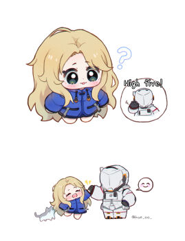 1boy 1girl :3 :d ? ahoge animal black_gloves blonde_hair blue_shirt blush cat chibi chibi_only closed_eyes commentary diana_(pragmata) english_text full_body gloves green_eyes high_five highres hue_oo long_hair long_sleeves notice_lines open_mouth pragmata shirt simple_background smile spacesuit spoken_expression standing symbol-only_commentary twitter_username very_long_hair white_background
