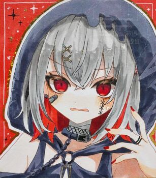 1girl bandaid bandaid_on_face black_collar chain collar colored_inner_hair commentary_request grey_hair hair_between_eyes hair_ornament hand_up highres hood hood_up jewelry looking_at_viewer mahou_shoujo_no_majo_saiban marker_(medium) multicolored_hair nail_polish open_mouth outline poyo_(poyo2255) red_background red_eyes red_nails ring shito_alisa short_hair solo sparkle stitched_face stitches traditional_media upper_body x_hair_ornament