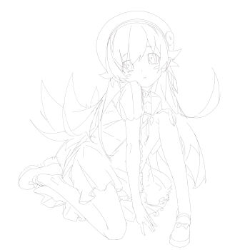 1girl absurdres beret blush_stickers bow collarbone commentary_request dot_nose dress dress_bow eyes_visible_through_hair flipped_hair frilled_dress frills hair_between_eyes hair_flaps hand_on_own_knee hand_up hat hat_ornament highres knee_up lineart long_hair looking_at_viewer mary_janes monogatari_(series) neck_ribbon on_one_knee oshino_shinobu parted_lips pointy_ears ribbon ringed_eyes shishirui_san shoes short_sleeves sidelocks simple_background solo very_long_hair white_background