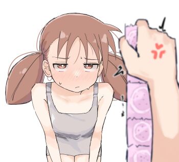 1girl anger_vein azumanga_daiou blush brown_eyes brown_hair condom condom_packet_strip condom_wrapper dress highres leaning_forward loli mihama_chiyo pov pov_hands sabotaged_condom simple_background solo_focus twintails zlix0n