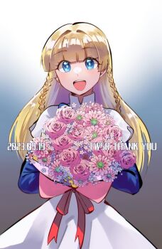 1girl blonde_hair blue_background blue_eyes blue_shirt blunt_bangs blush bouquet braid cowboy_shot dress flower gradient_background holding holding_bouquet layered_sleeves long_hair long_sleeves looking_at_viewer namosuke_(oetwmkekmz) open_mouth pink_flower pink_rose rose shirt short_over_long_sleeves short_sleeves smile solo tales_weaver tichiel_juspian twin_braids white_background white_dress