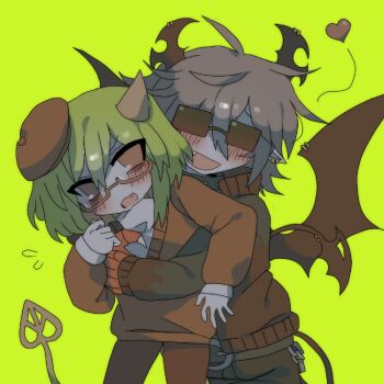 1boy 1girl ahoge blush brown_hair brown_wings collar colored_skin cowboy_shot deliriumcenter demon_boy demon_girl demon_horns demon_tail demon_wings ear_piercing emalf_(funamusea) fang flying_sweatdrops funamusea glasses green_background green_hair haiiro_teien hair_between_eyes hashtag-only_commentary hat heart highres horn_piercing horns hug hug_from_behind jacket jewelry long_sleeves open_mouth piercing rectangular_eyewear red_eyes red_sweater semi-rimless_eyewear shirt short_hair simple_background single_horn smile spiked_collar spikes sunglasses sweater tail under-rim_eyewear white_shirt white_skin wing_piercing wings yosafire_(funamusea)