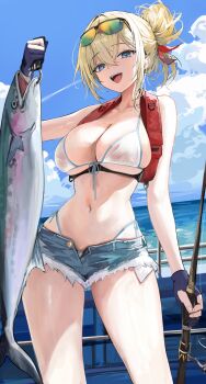 1girl absurdres animal bikini bikini_bottom_under_shorts bikini_under_clothes blonde_hair blue_eyes blue_gloves blue_sky breasts commentary cowboy_shot denim denim_shorts eyewear_on_head fish fishing_rod gloves hair_between_eyes hair_bun hair_ribbon highres holding holding_animal holding_fish holding_fishing_rod large_breasts lillly lillly_(character) looking_at_viewer making-of_available micro_shorts navel ocean open_mouth original outdoors partially_fingerless_gloves red_ribbon ribbon shorts side-tie_bikini_bottom sky solo standing stomach sunglasses swimsuit teeth tinted_eyewear upper_teeth_only white_bikini