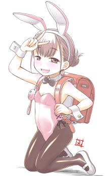 1girl :d animal_ear_hairband animal_ears backpack bag breasts brown_eyes brown_hair commentary_request crime_prevention_buzzer earrings ebifly fake_animal_ears fang fish_earrings hair_bun hairband highres jewelry kneeling loli open_mouth original pantyhose playboy_bunny rabbit_ears randoseru shoes small_breasts smile solo uwabaki v v_over_head white_background wrist_cuffs