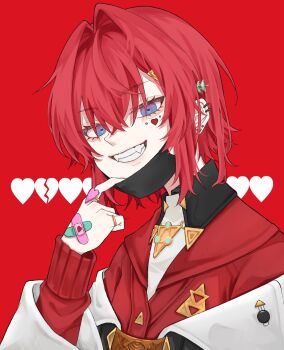 Rule 34 | 1girl, ange katrina, ange katrina (1st costume), bandaid, bandaid on hand, black mask, blue eyes, broken heart, cardigan, commentary request, crossed bandaids, crossed bangs, ear piercing, earrings, eyelashes, eyeshadow, facial mark, fangs, gold ring, gradient eyes, grin, hair between eyes, hair intakes, hair ornament, hand up, heart, heart facial mark, heart ring, highres, jewelry, lips, long bangs, long sleeves, looking at viewer, makeup, mask, mask pull, medium hair, mouth mask, multicolored eyes, multiple piercings, multiple rings, nijisanji, off shoulder, piercing, pink eyeshadow, purple eyes, red background, red cardigan, red hair, ring, simple background, smile, solo, stud earrings, triangle hair ornament, ume aji, upper body, vampire (vocaloid), virtual youtuber