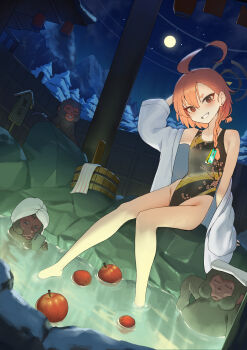 1girl absurdres arm_behind_back arm_behind_head bare_shoulders black_one-piece_swimsuit blue_archive blush braid breasts clothes_pull dragon_print earrings full_body grin groin hair_between_eyes hape highres jacket jacket_pull jewelry knees_together_feet_apart medium_hair mole mole_under_eye monkey neru_(blue_archive) night off_shoulder one-piece_swimsuit onsen orange_hair outdoors petite red_eyes single_braid sky small_breasts smile solo star_(sky) starry_sky swimsuit white_jacket