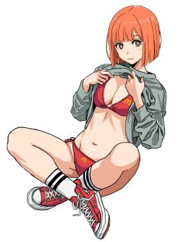 Rule 34 | 1girl, ass, bikini, blunt ends, breasts, bright pupils, cleavage, closed mouth, commentary, converse, cropped hoodie, crossed legs, full body, highres, hood, hoodie, large breasts, looking at viewer, mcdonald's, mother (yoru mac), navel, orange hair, red bikini, red shoes, shiren (ourboy83), shoes, short hair, side-tie bikini bottom, simple background, sitting, sneakers, socks, solo, swimsuit, thighs, white background, white pupils, white socks, yoru mac