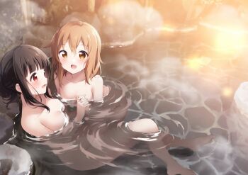 2girls bathing black_hair blush breasts brown_eyes brown_hair collarbone commentary_request completely_nude full_body hazuki_(sutasuta) highres holding_hands looking_at_another matsukawa_tsubaki medium_breasts medium_hair multiple_girls nude official_art ogino_hiyori onsen open_mouth partially_submerged red_eyes same-sex_bathing shared_bathing sitting small_breasts smile steam yumeguri_yurimeguri yuri
