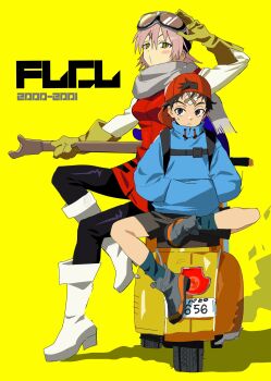 1boy 1girl backpack backwards_hat bag bandaid bandaid_on_face bandaid_on_forehead betti_(xx_betti) black_hair black_pants black_shorts black_socks blue_sweater boots copyright_name flcl gloves goggles goggles_on_head grey_scarf haruhara_haruko hat highres holding long_sleeves motor_vehicle nandaba_naota pants pink_hair puckered_lips red_hat rubber_gloves scarf scooter short_hair short_shorts shorts simple_background sitting socks sweater very_short_hair vespa white_boots yellow_background yellow_eyes
