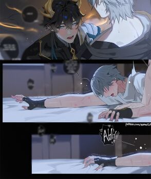 2boys bed bed_sheet blush caelus_(honkai:_star_rail) commentary dan_heng_(honkai:_star_rail) dan_heng_(permansor_terrae)_(honkai:_star_rail) english_commentary gloves heart honkai:_star_rail honkai_(series) looking_at_another male_focus multiple_boys on_bed open_mouth trailblazer_(honkai:_star_rail) trembling watermark yaoi yoma_0_0