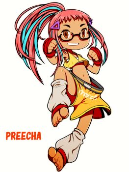 1girl bandaged_hand bandages bare_shoulders barefoot beeru_(veil8801) black-framed_eyewear blue_hair blue_streaks brown_eyes character_name clenched_hands fatal_fury fatal_fury:_city_of_the_wolves full_body glasses grin hair_ornament hairclip highres leg_up leg_warmers long_hair multicolored_hair navel orange_shorts pink_hair ponytail preecha_(fatal_fury) red_bandage semi-rimless_eyewear shorts simple_background smile solo streaked_hair teeth two-tone_hair under-rim_eyewear white_background white_leg_warmers