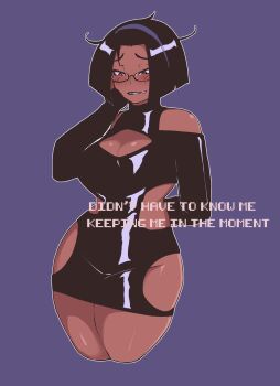 1girl artist_self-insert black_dress black_hair blush bob_cut breasts cleavage cleavage_cutout clothing_cutout commentary cropped_legs dark-skinned_female dark_skin detached_sleeves dress english_commentary english_text female_focus glasses hairband hand_on_own_cheek hand_on_own_face highres hip_vent latex latex_dress legs_together nyantcha purple_hairband real_life red_eyes semi-rimless_eyewear short_dress short_hair skindentation solo standing thick_thighs thighs tsona_(nyantcha) under-rim_eyewear